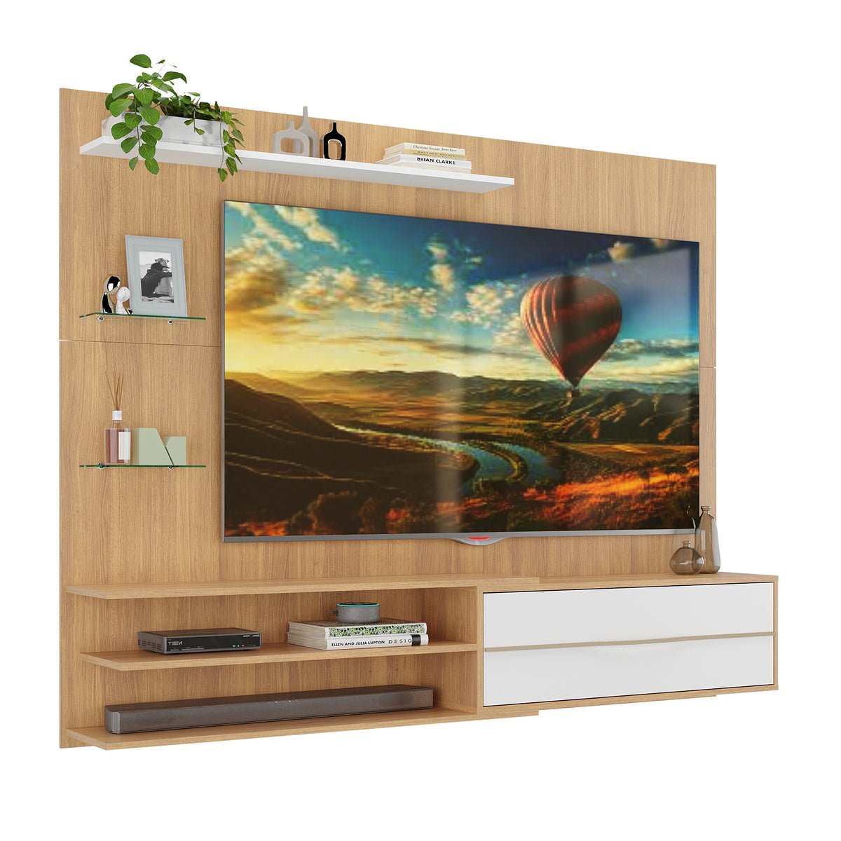 Centro de Entretenimiento Rio Castaño 180x141cm para TV Hasta 65" Pulgadas con Dos Compartimientos y con Ranura para Cables