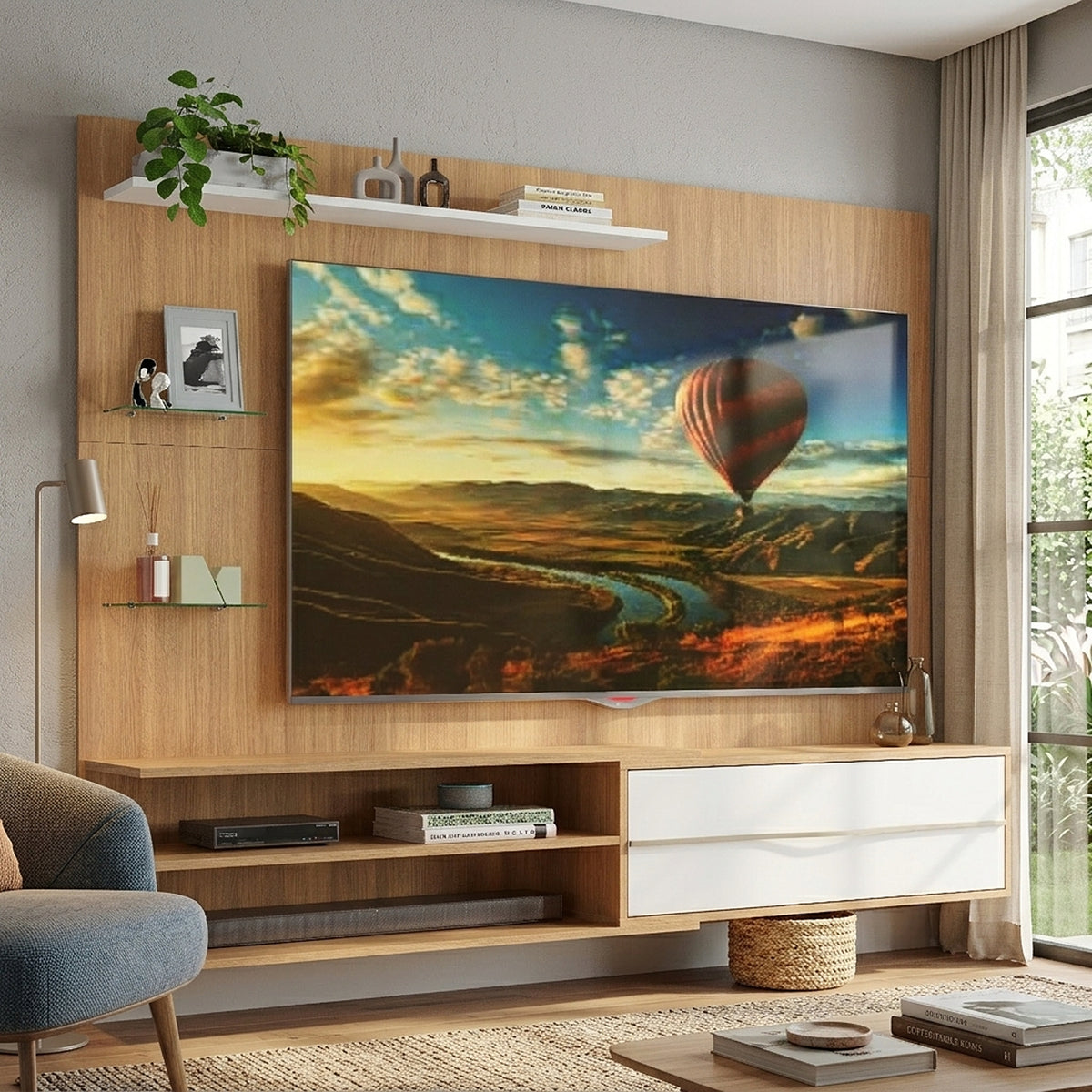 Centro de Entretenimiento Rio Castaño 180x141cm para TV Hasta 65" Pulgadas con Dos Compartimientos y con Ranura para Cables