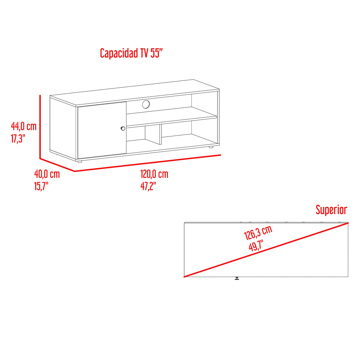 Rack de TV Noah Gales y Blanco 120x44cm para TV Hasta 55" Pulgadas con Tres Compartimientos y con Ranura para Cables
