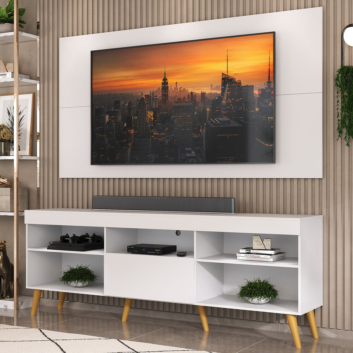 Combo Rack con Panel de Tv Florida Blanco 175x63cm para TV Hasta 65" Pulgadas con Cinco Compartimientos y con Ranura para Cables