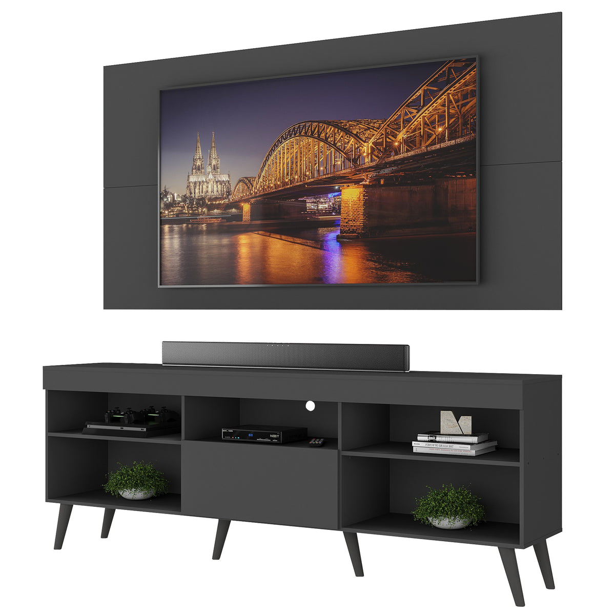Combo Rack con Panel de Tv Moscow Negro 175x63cm para TV Hasta 65" Pulgadas con Cinco Compartimientos y con Ranura para Cables