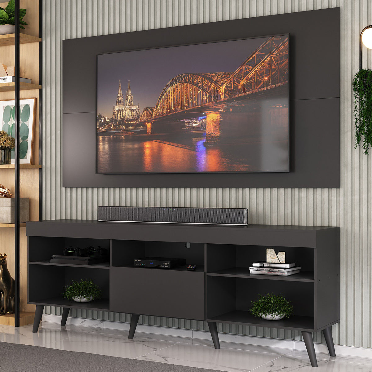 Combo Rack con Panel de Tv Moscow Negro 175x63cm para TV Hasta 65" Pulgadas con Cinco Compartimientos y con Ranura para Cables