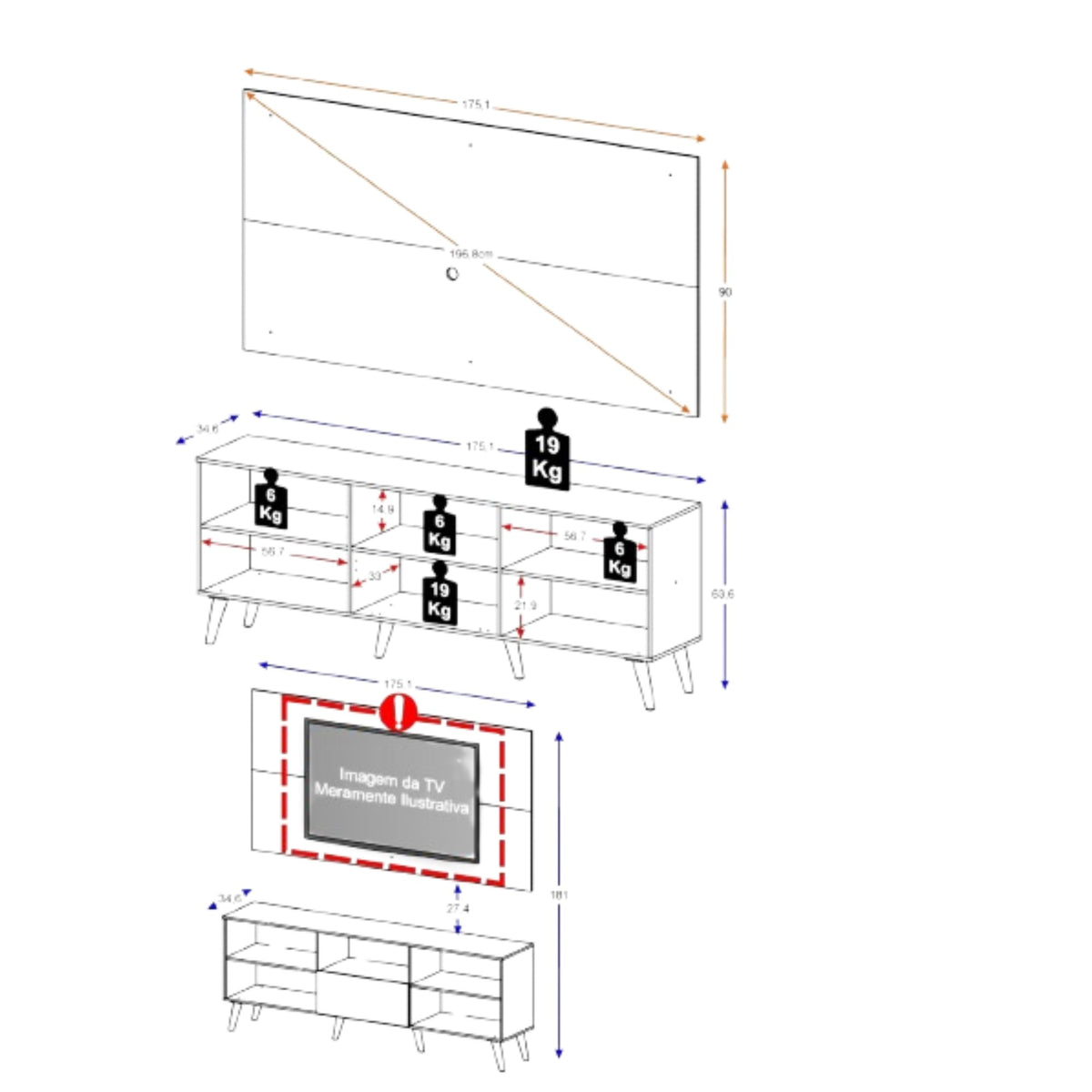 Combo Rack con Panel de Tv Moscow Negro 175x63cm para TV Hasta 65" Pulgadas con Cinco Compartimientos y con Ranura para Cables