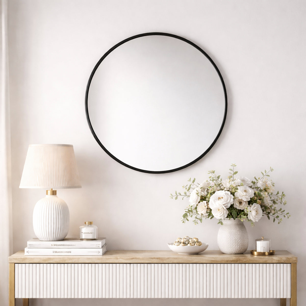 Espejo de Pared Negro 70x70cm Redondo con Marco en Madera