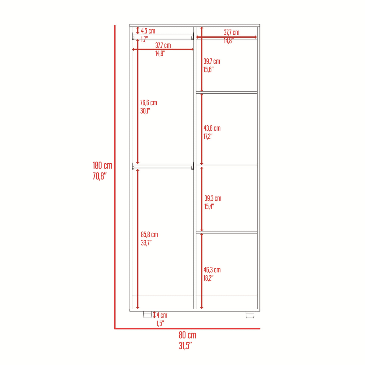 Closet Tera Fresno y Blanco 80x180cm sin Cajones con 3 Entrepaños