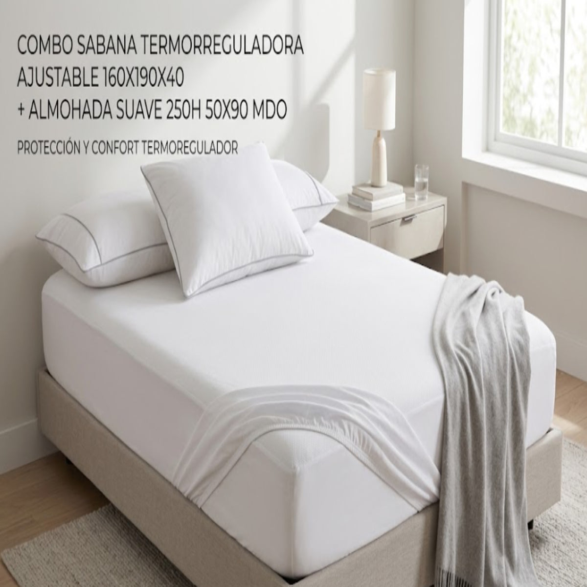 Combo Sábana y Almohada Blanco 160x190cm para Colchón Queen 160 X 190 Cm 200 Hilos Antifluido Fondo Entero