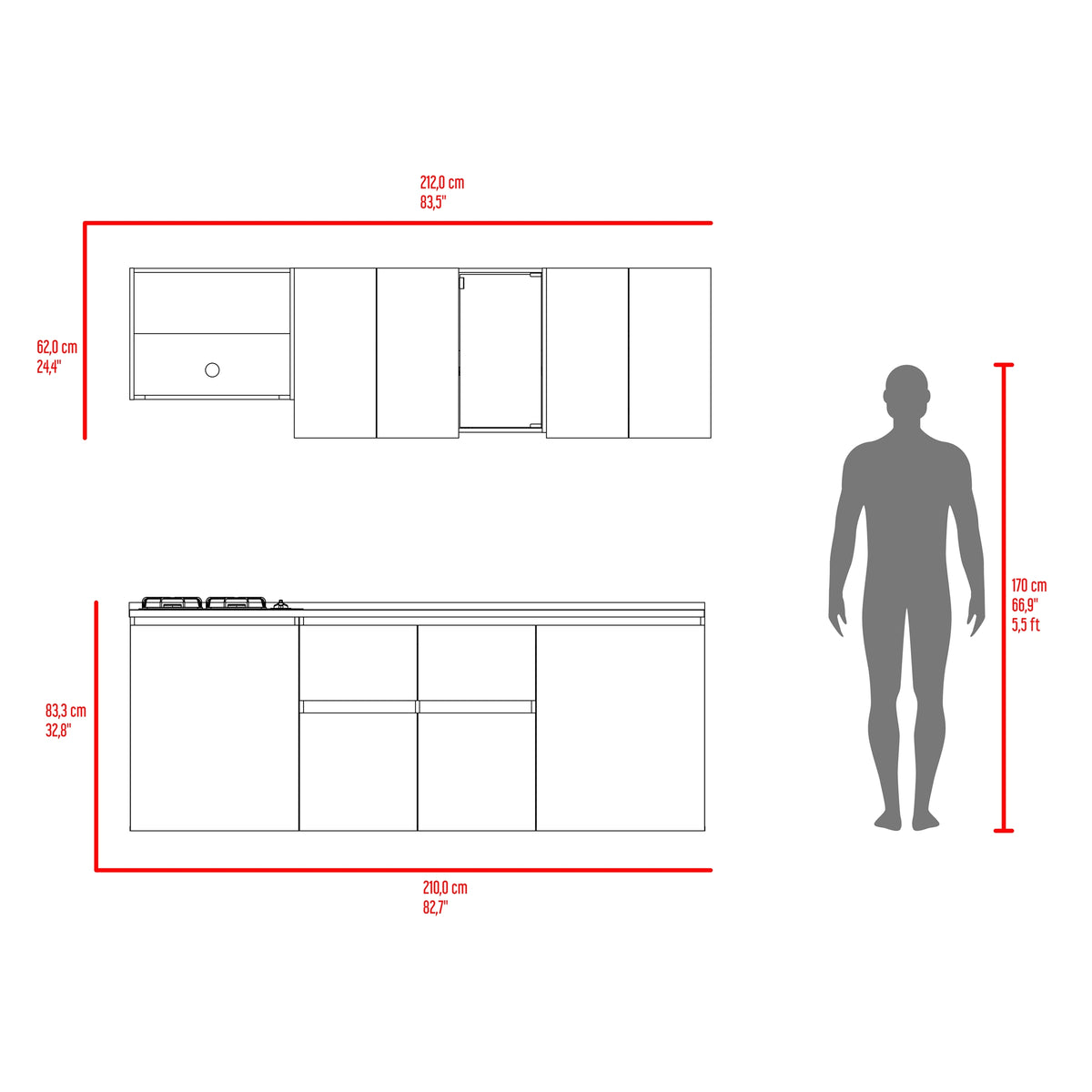 Cocina Amantia Fresno Europeo 212x208cm con Mesón de Acero Inoxidable con Pozuelo Lado Derecho y con Estufa
