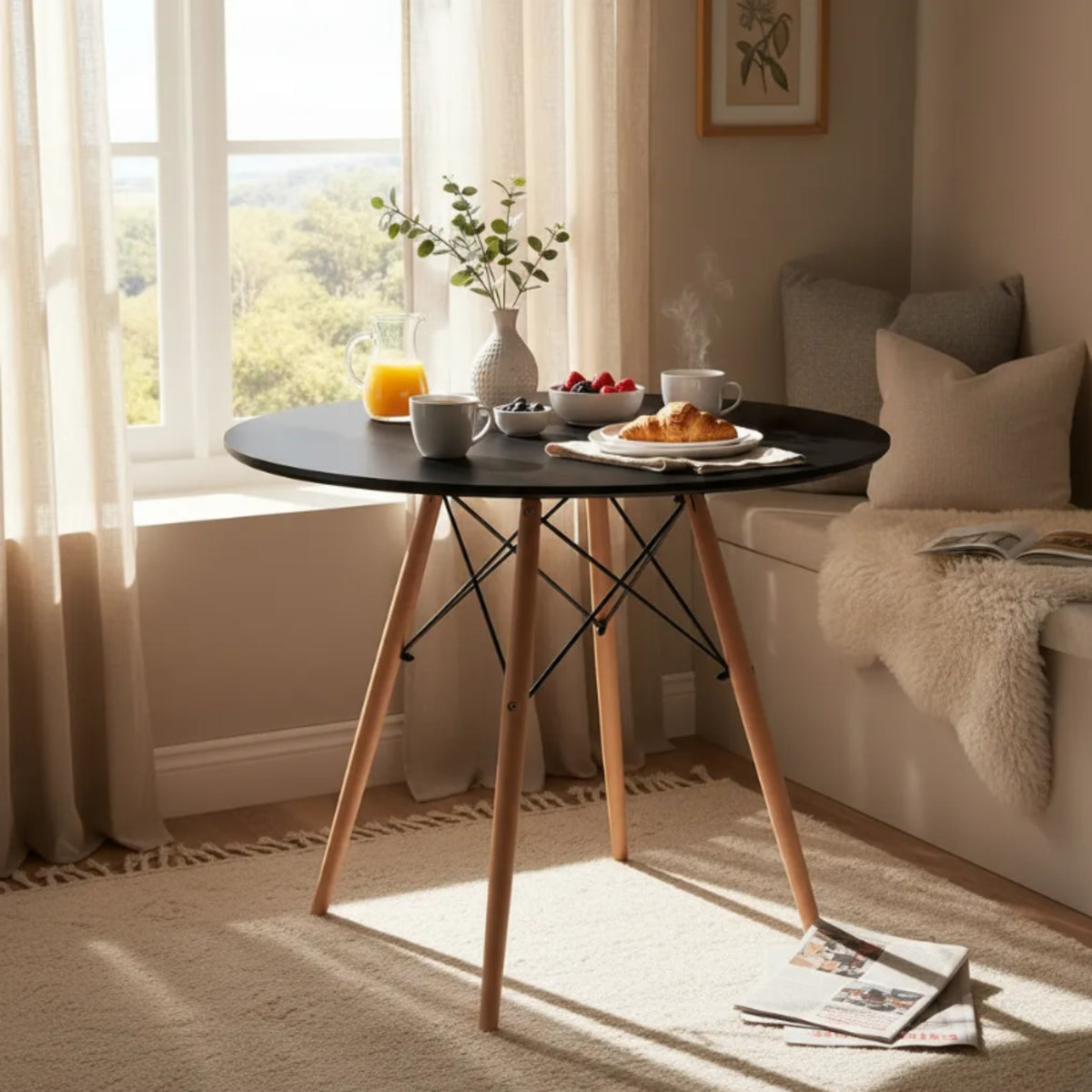 Mesa de Comedor Eames Negro 80x75cm Circular de Cuatro Puestos sin Sillas