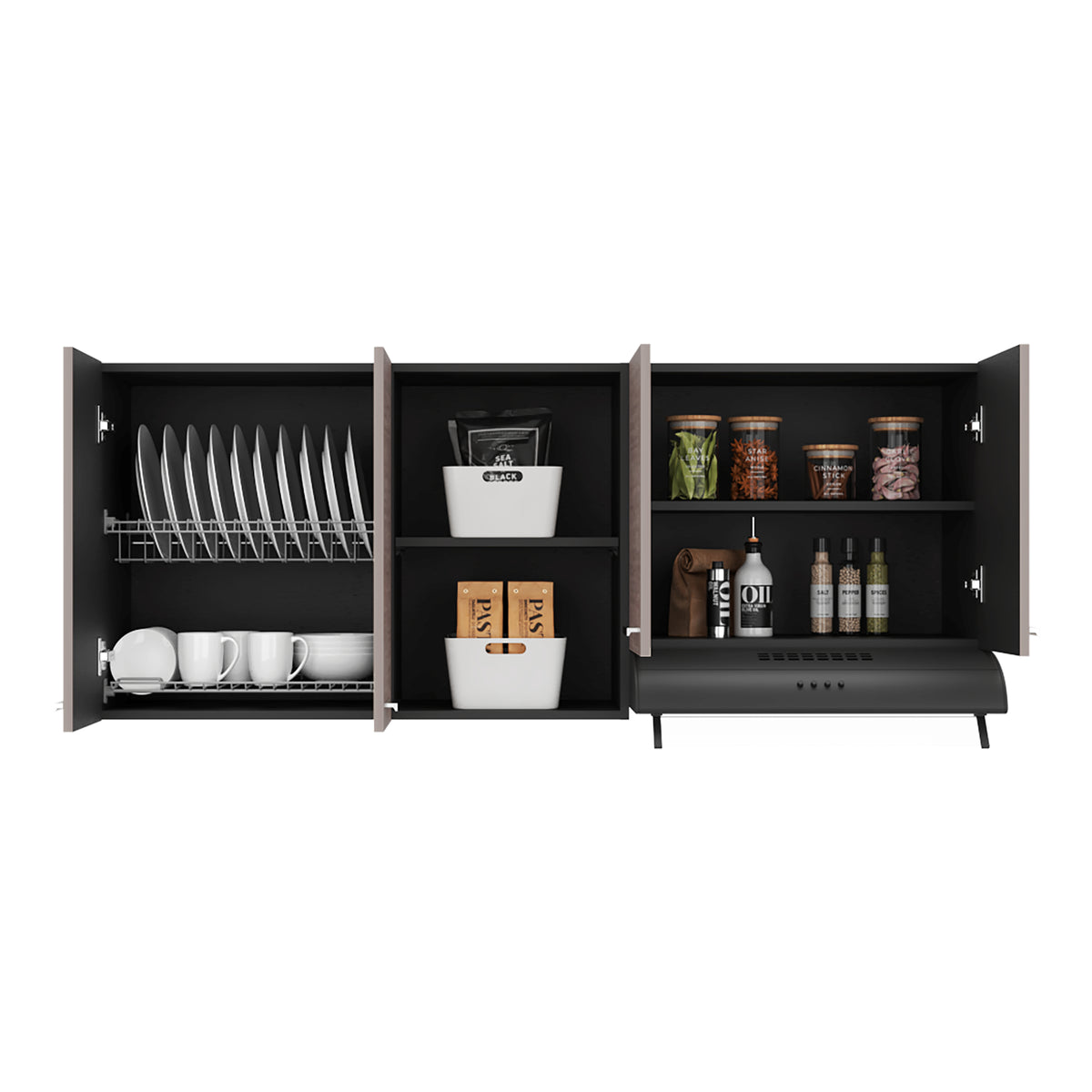 Mueble Superior de Cocina Rosa Wengue y Positano 200x200cm con Cuatro Puertas con Espacio para Extractor Lado Derecho y con Locero