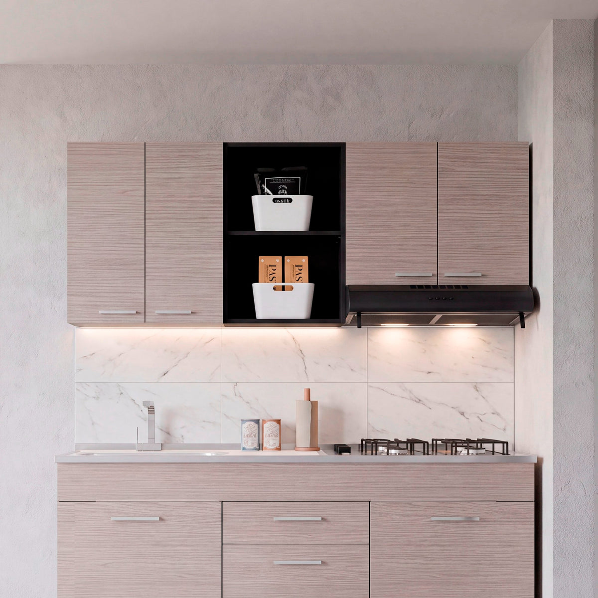 Mueble Superior de Cocina Rosa Wengue y Positano 200x200cm con Cuatro Puertas con Espacio para Extractor Lado Derecho y con Locero