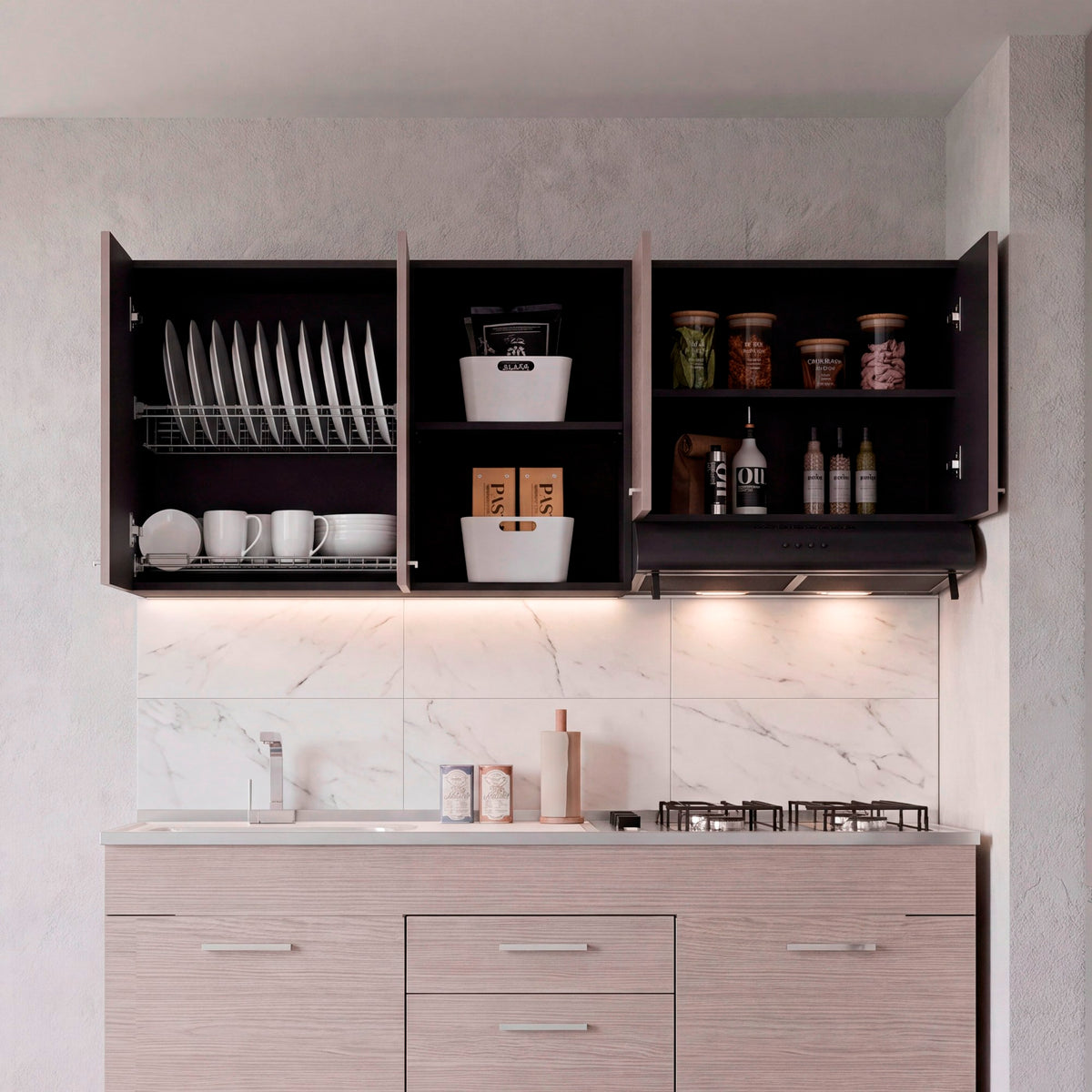 Mueble Superior de Cocina Rosa Wengue y Positano 200x200cm con Cuatro Puertas con Espacio para Extractor Lado Derecho y con Locero
