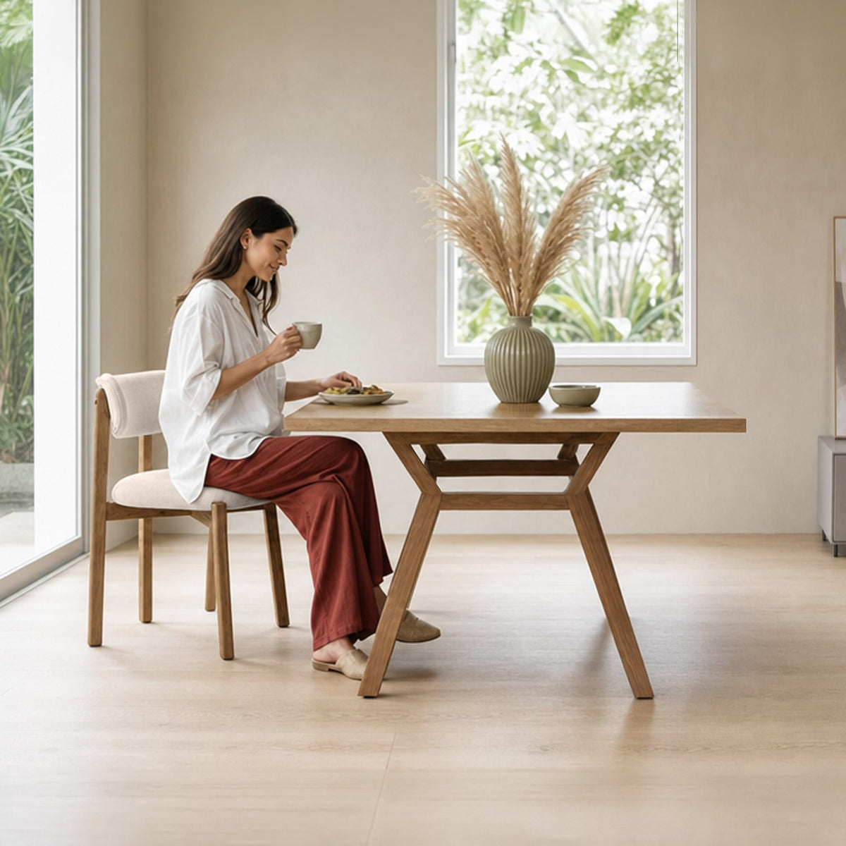 Silla de Comedor Saudi Beige y Matiz Caoba 58x82cm de Asiento Ovalado con Espaldar y sin Apoya Brazos