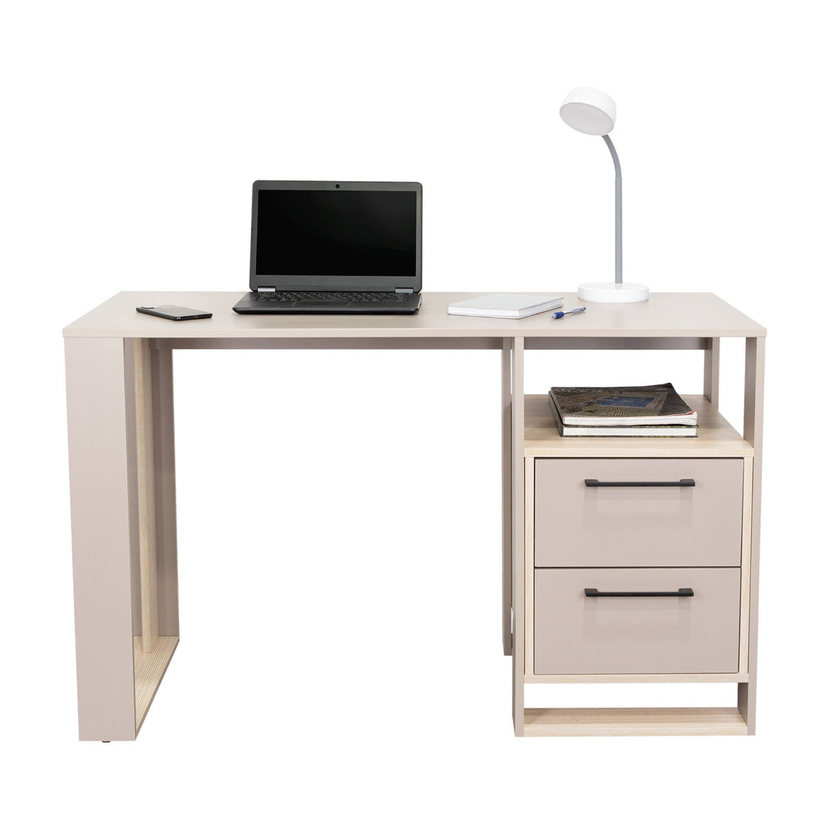 Escritorio Verlot Taupe Mallado 52x75cm con Dos Cajones y con Organizador de Libros