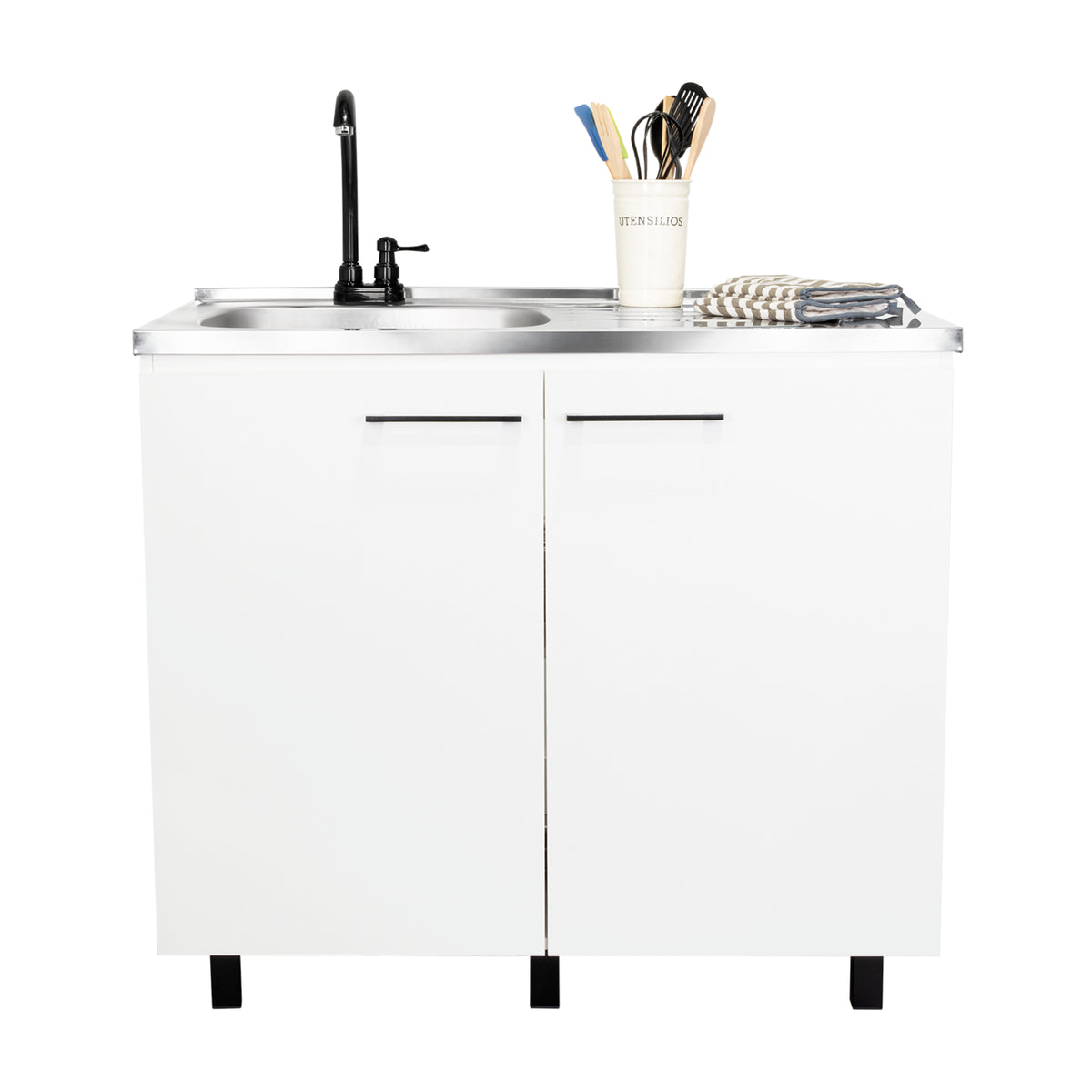 Mueble Inferior Napoles Blanco 100x89cm con Mesón de Acero Inoxidable y con Pozuelo Lado Izquierdo