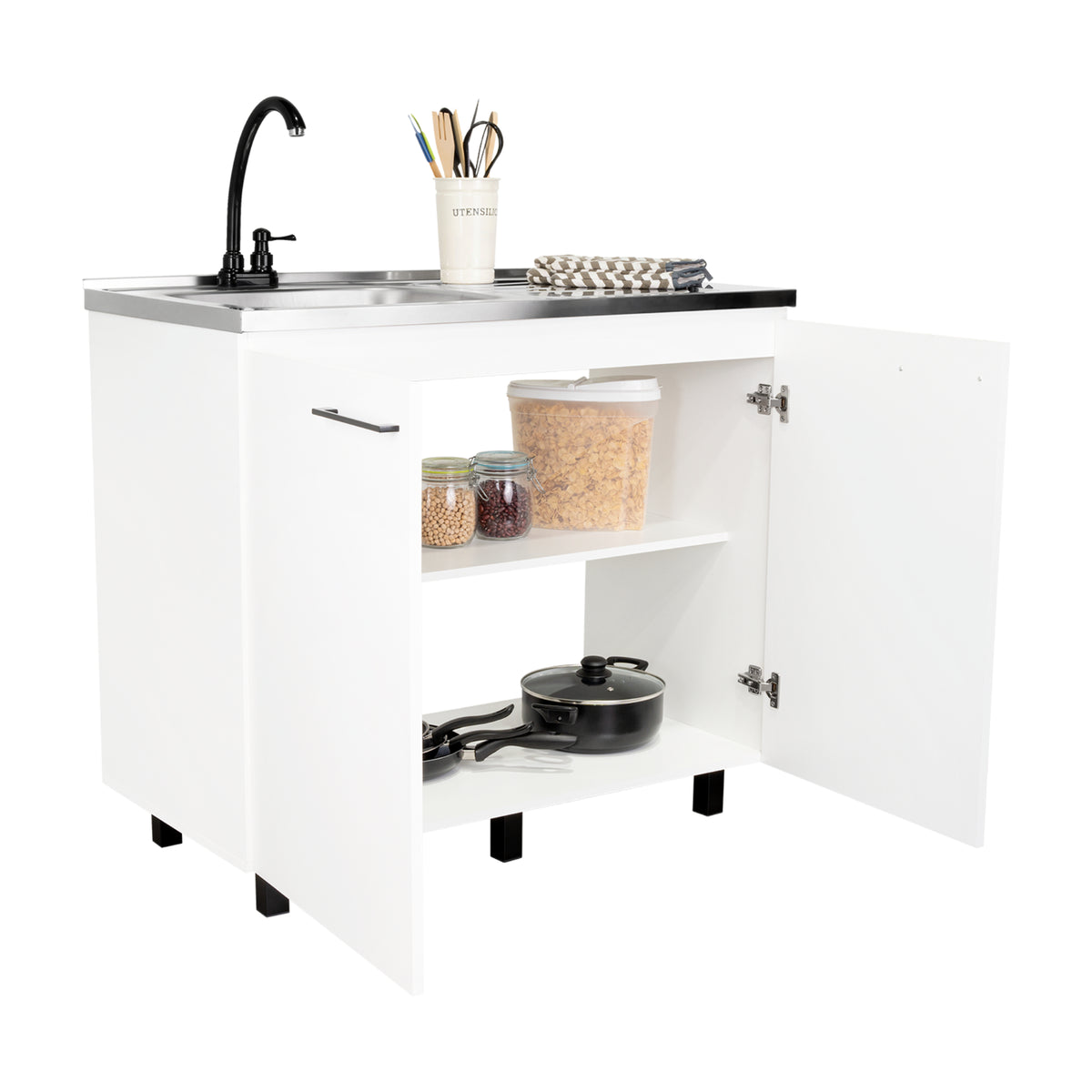 Mueble Inferior Napoles Blanco 100x89cm con Mesón de Acero Inoxidable y con Pozuelo Lado Izquierdo