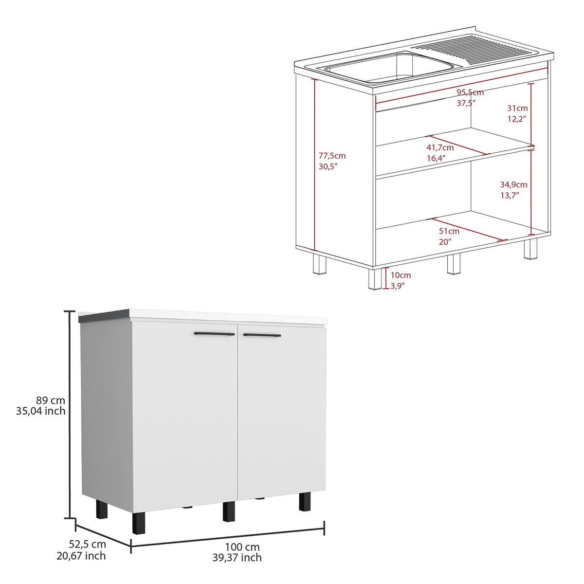 Mueble Inferior Napoles Blanco 100x89cm con Mesón de Acero Inoxidable y con Pozuelo Lado Izquierdo