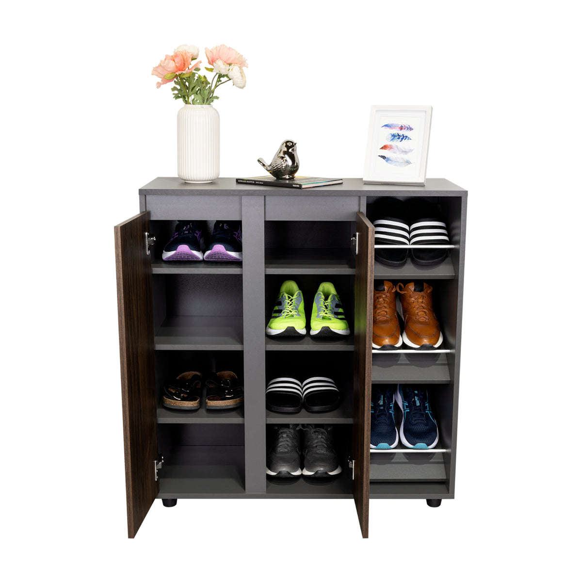 Zapatero Houck Plomo Y Nogal 86.5x91.5cm Vertical de Tres Niveles para Once Zapatos