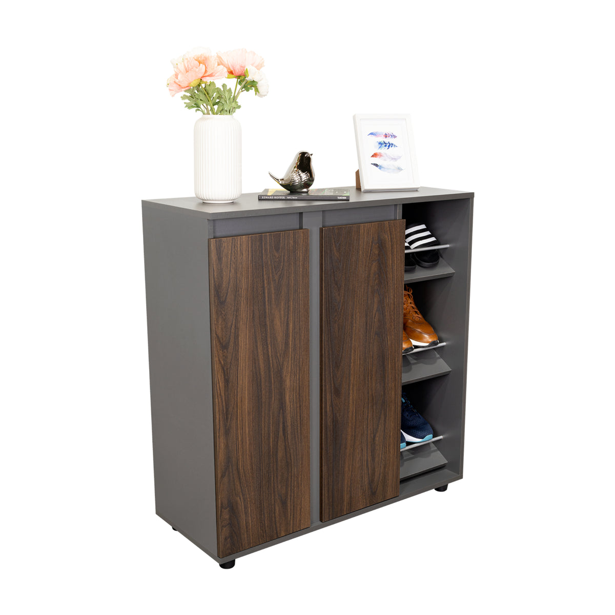 Zapatero Houck Plomo Y Nogal 86.5x91.5cm Vertical de Tres Niveles para Once Zapatos