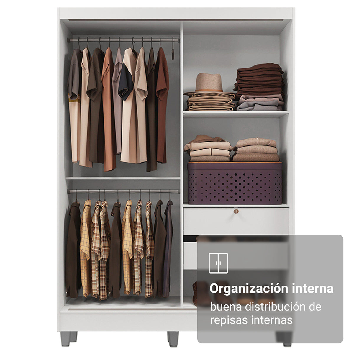 Closet Luke Blanco 120x192cm con Un Espejo con Dos Cajones y con Tres Entrepaños