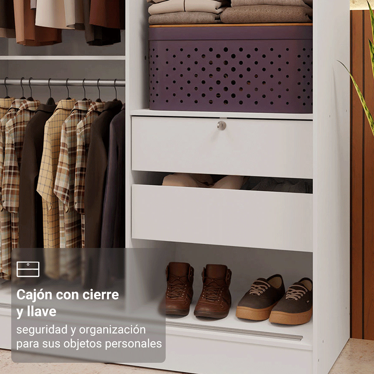 Closet Max Blanco 119x183cm con Espejo con Dos Cajones y con Tres Entrepaños