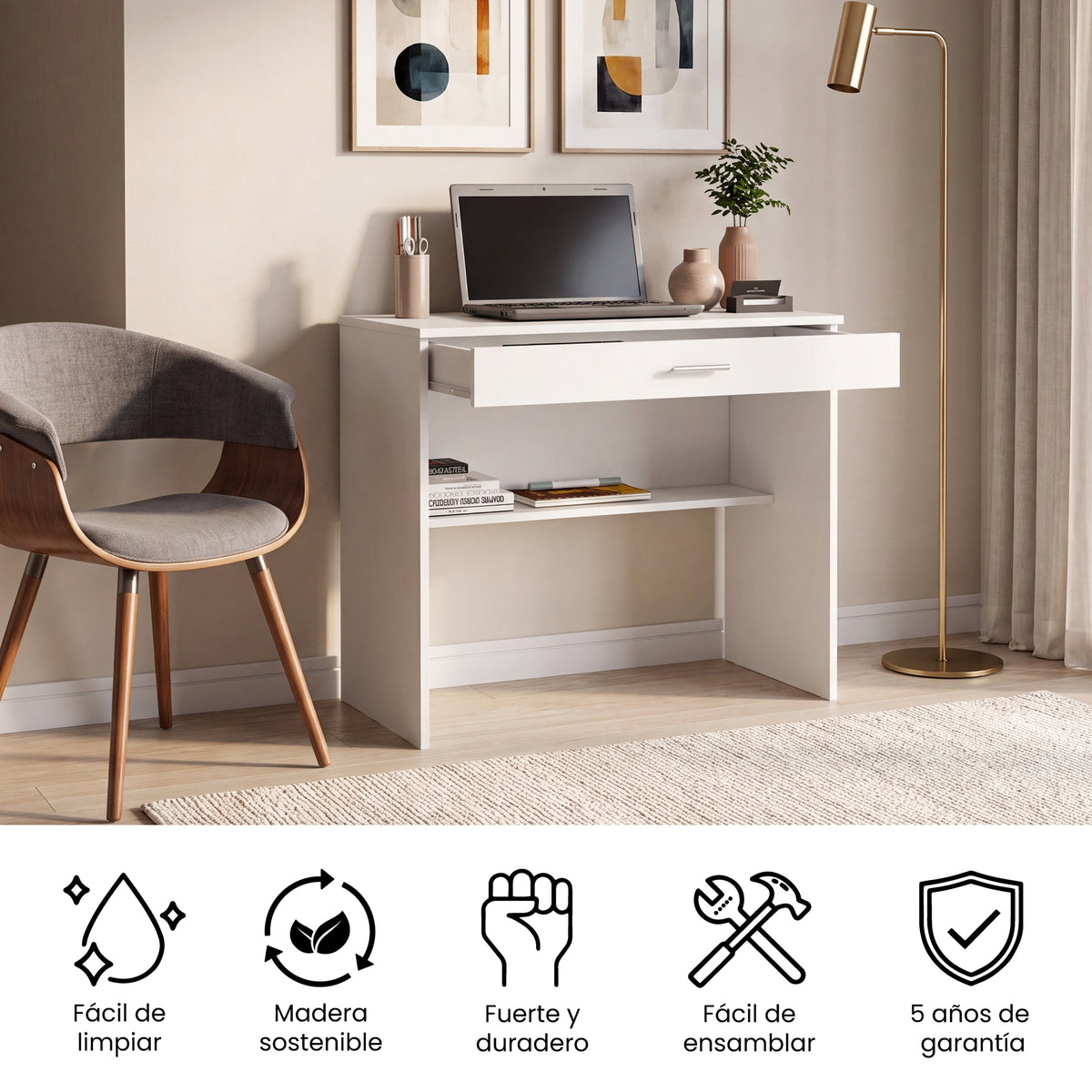 Escritorio Edificie Blanco 80 cm con Cajón y Entrepaño