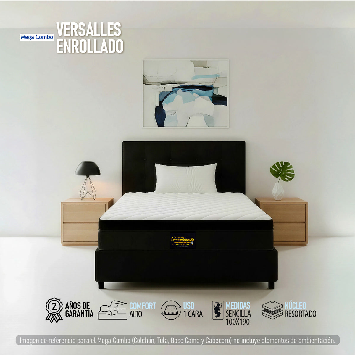 Combo Colchón Enrollado y Base Cama Versalles Negro Sencillo 100 X 190 Cm Medio Suave Ortopedico e Hipoalergénico