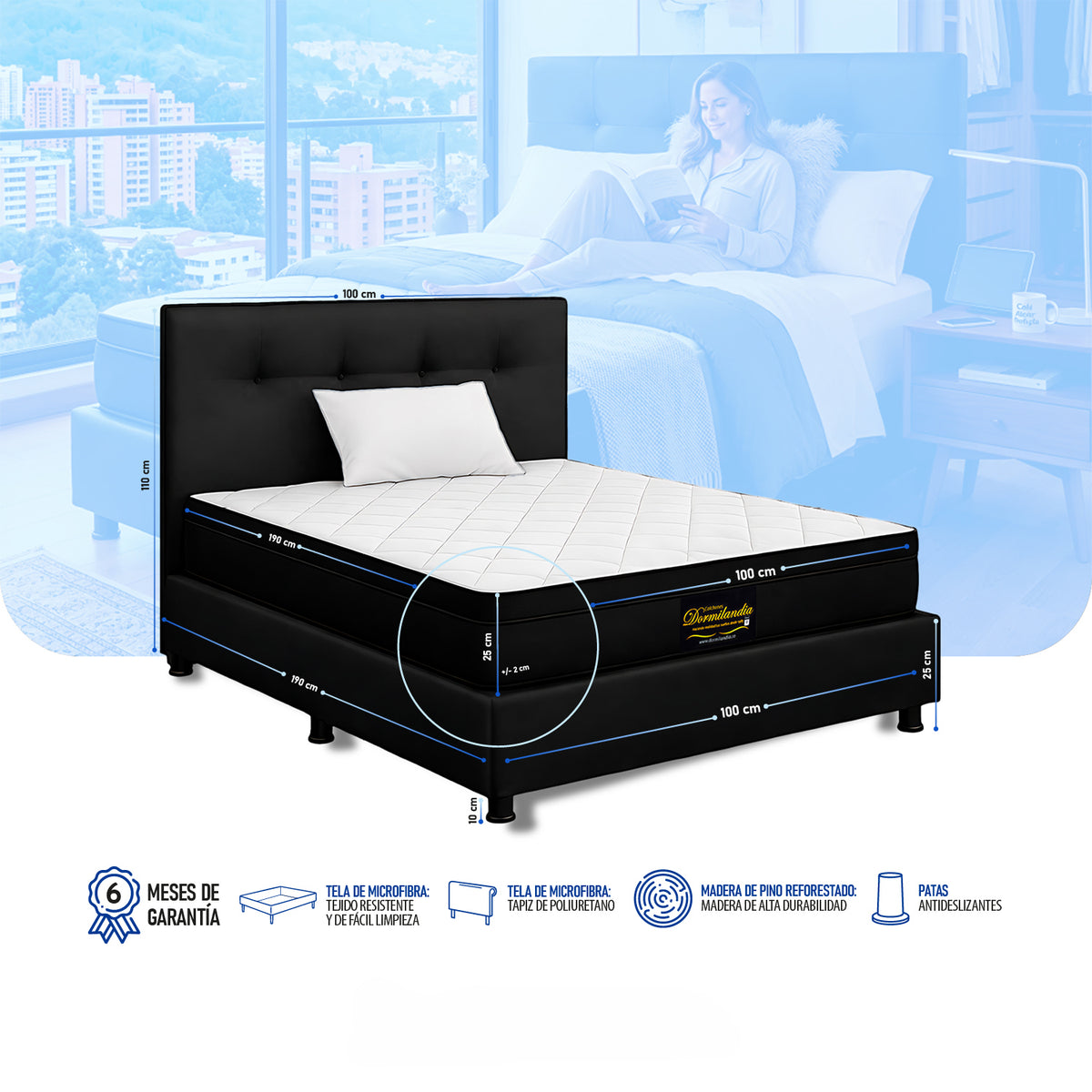 Combo Colchón Enrollado y Base Cama Versalles Negro Sencillo 100 X 190 Cm Medio Suave Ortopedico e Hipoalergénico