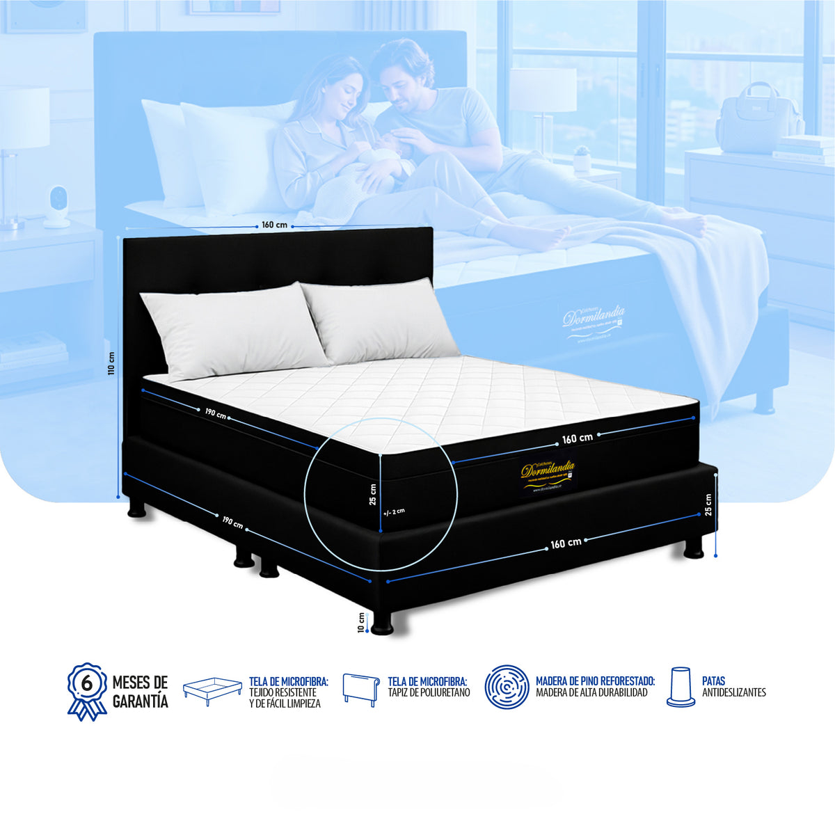 Combo Colchón Enrollado y Base Cama Versalles Negro Queen 160 X 190 Cm Medio Suave Ortopédico e Hipoalergénico