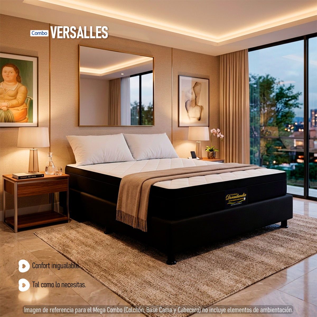 Combo Base Cama y Colchón Versalles Blanco y Negro King 200 X 200 Cm Medio Suave