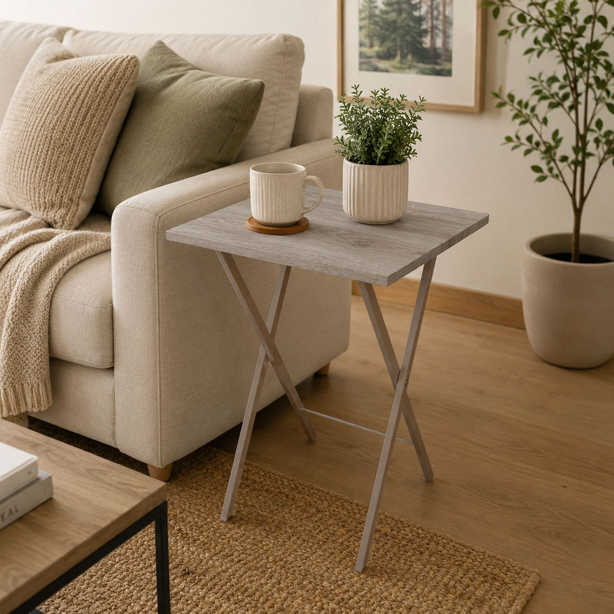 Mesa auxiliar Cenizo Blanco y Crema 48x59cm Cuadrada Apilable y Plegable