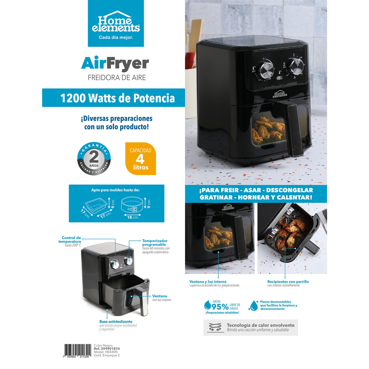 Freidora de Aire Home Elements Negro y Plata 23.2x29.6cm de 4 Litros