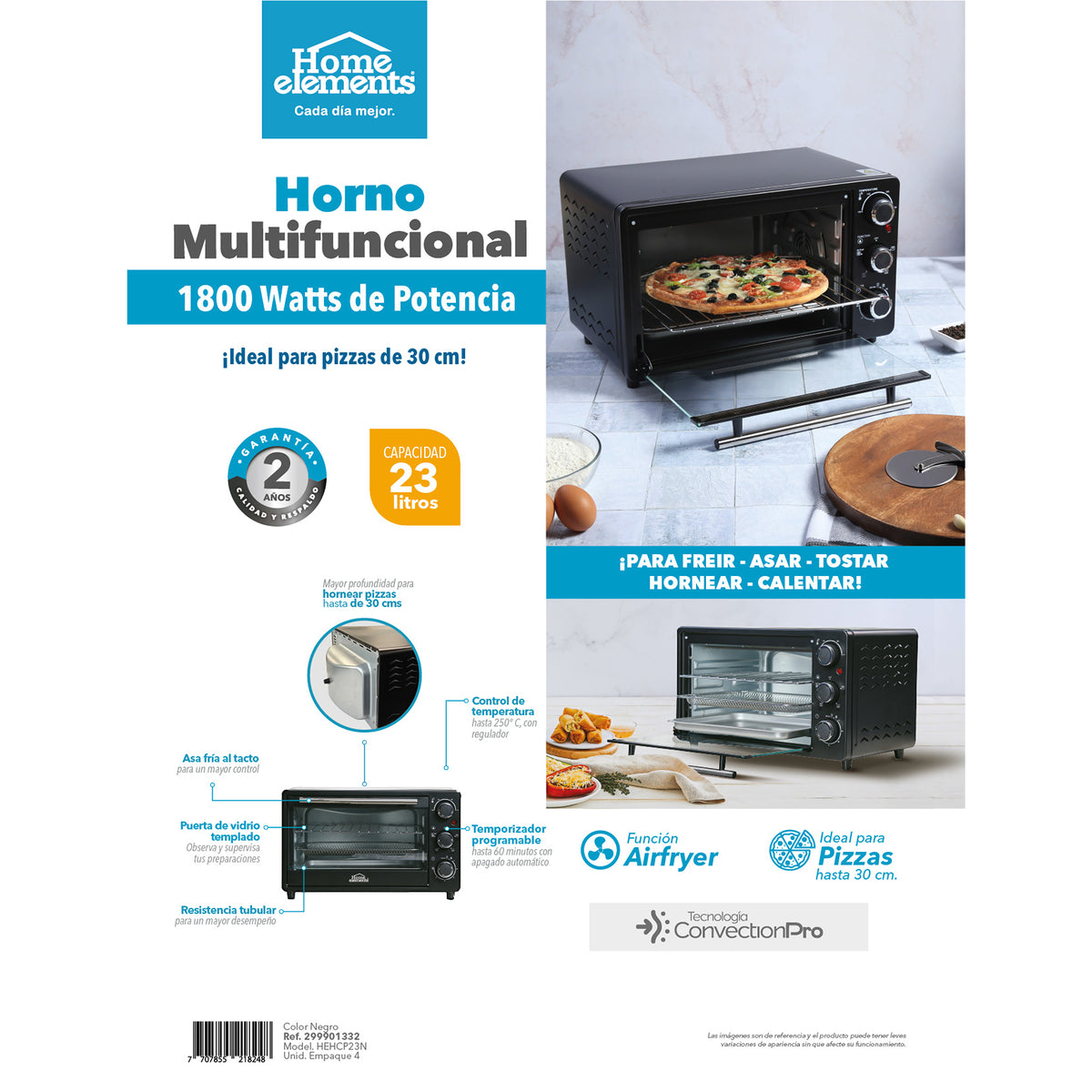 Horno Multifuncional 5 en 1 Home Elements Negro y Plata 40.3x29.9cm con Dos Rejillas y Tecnología Convection Pro