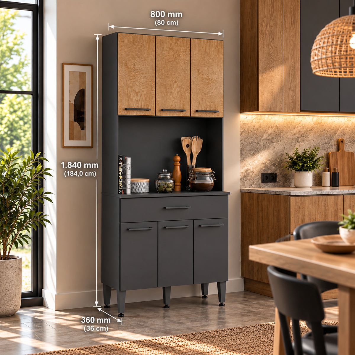 Alacena de cocina negra moderna en MDP 80x184 cm con 6 puertas y cajón