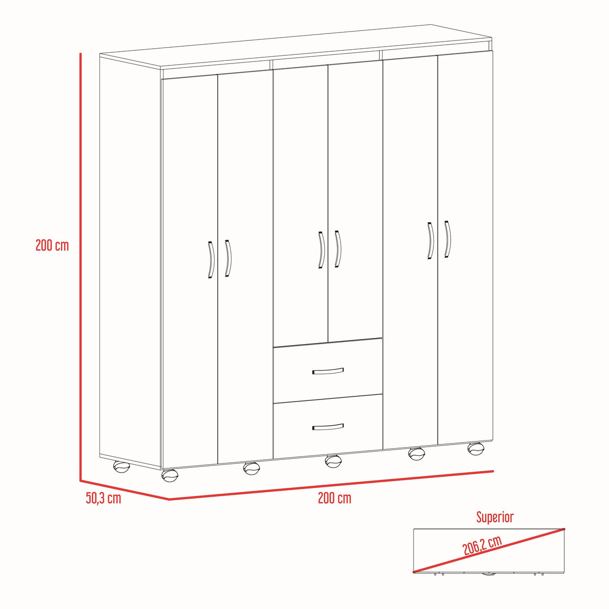 Closet Barilo Wengue 200x200cm con Seis Puertas y con Cuatro Entrepaños