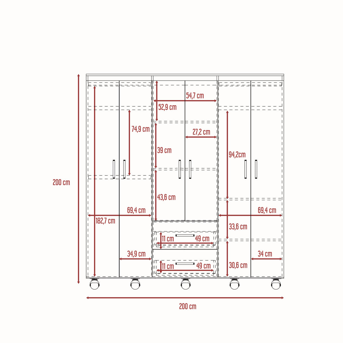 Closet Barilo Wengue 200x200cm con Seis Puertas y con Cuatro Entrepaños