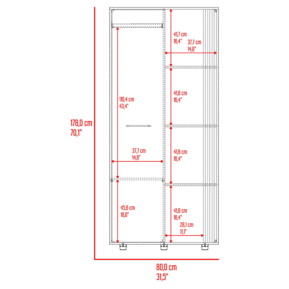 Closet Vance Fresno Europeo y Capri 80x178cm con Una Puertas y con Cuatro Entrepaños