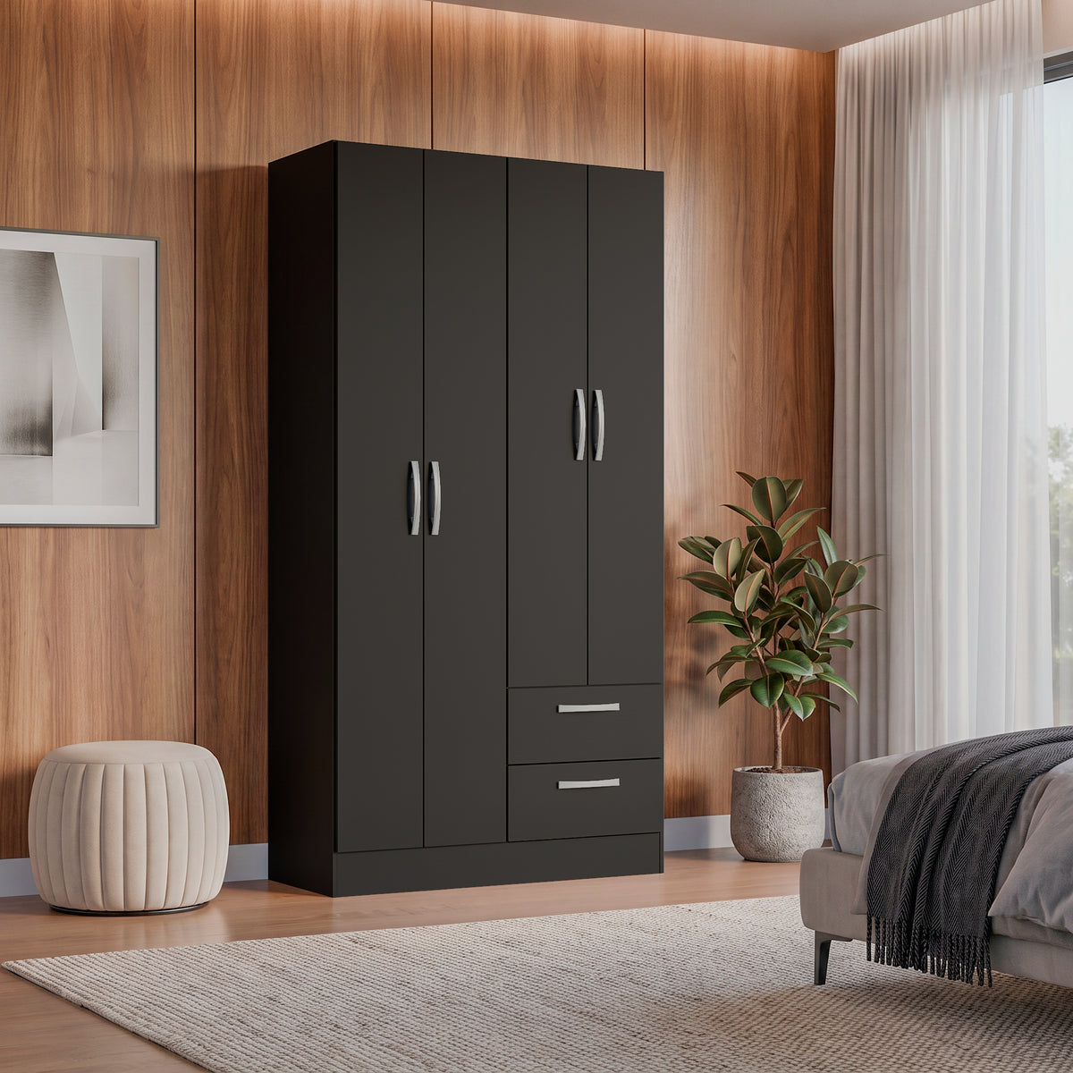 Closet Negro Mate 90x173cm con Cuatro Puertas y con Dos Entrepaños