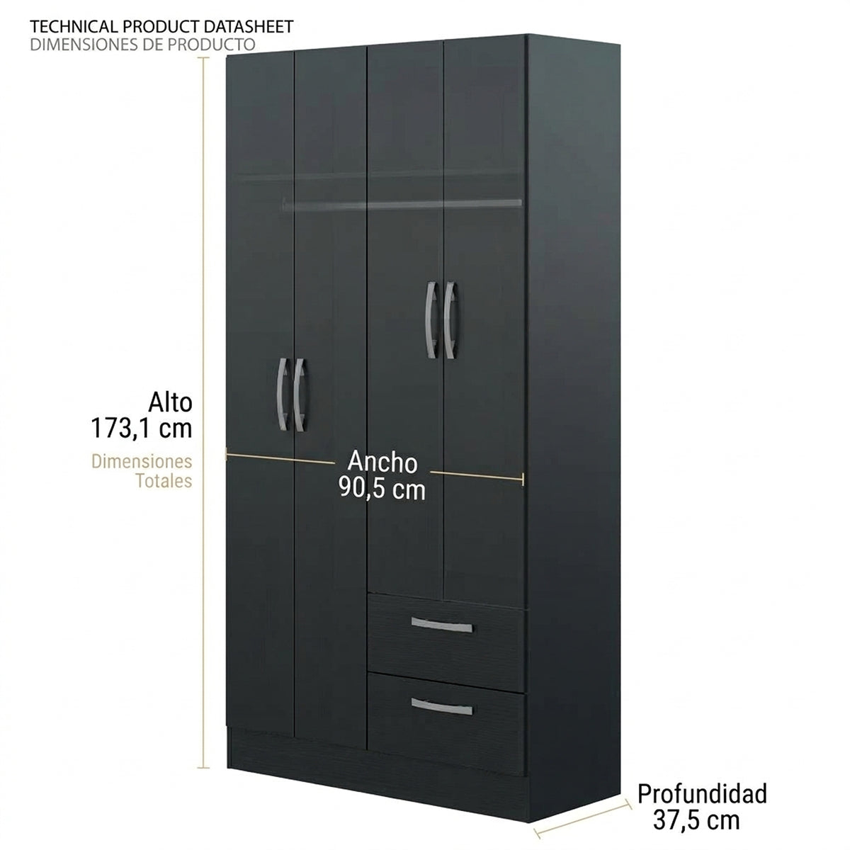 Closet Negro Mate 90x173cm con Cuatro Puertas y con Dos Entrepaños