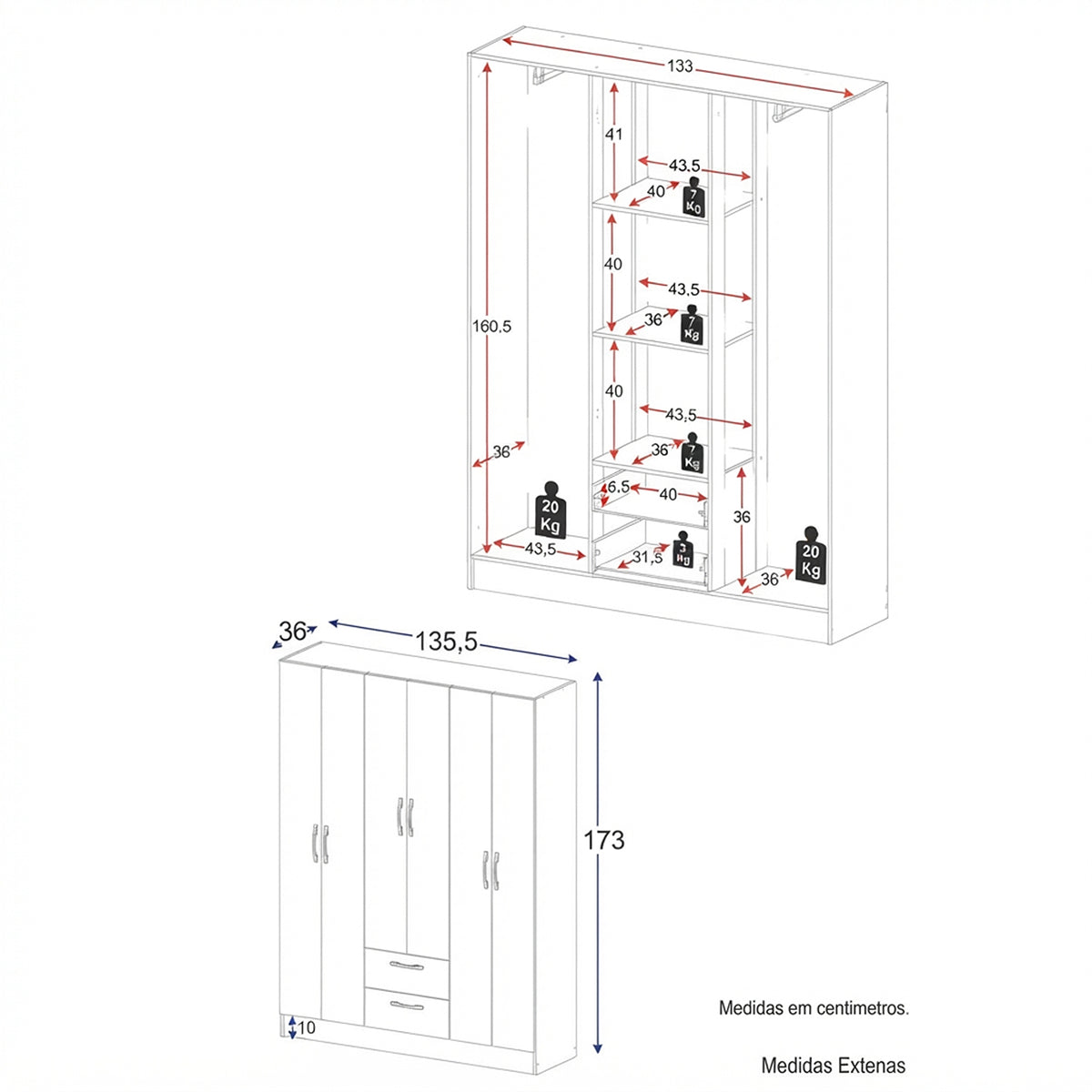Closet Negro Mate 135x173cm con Seis Puertas y con Tres Entrepaños