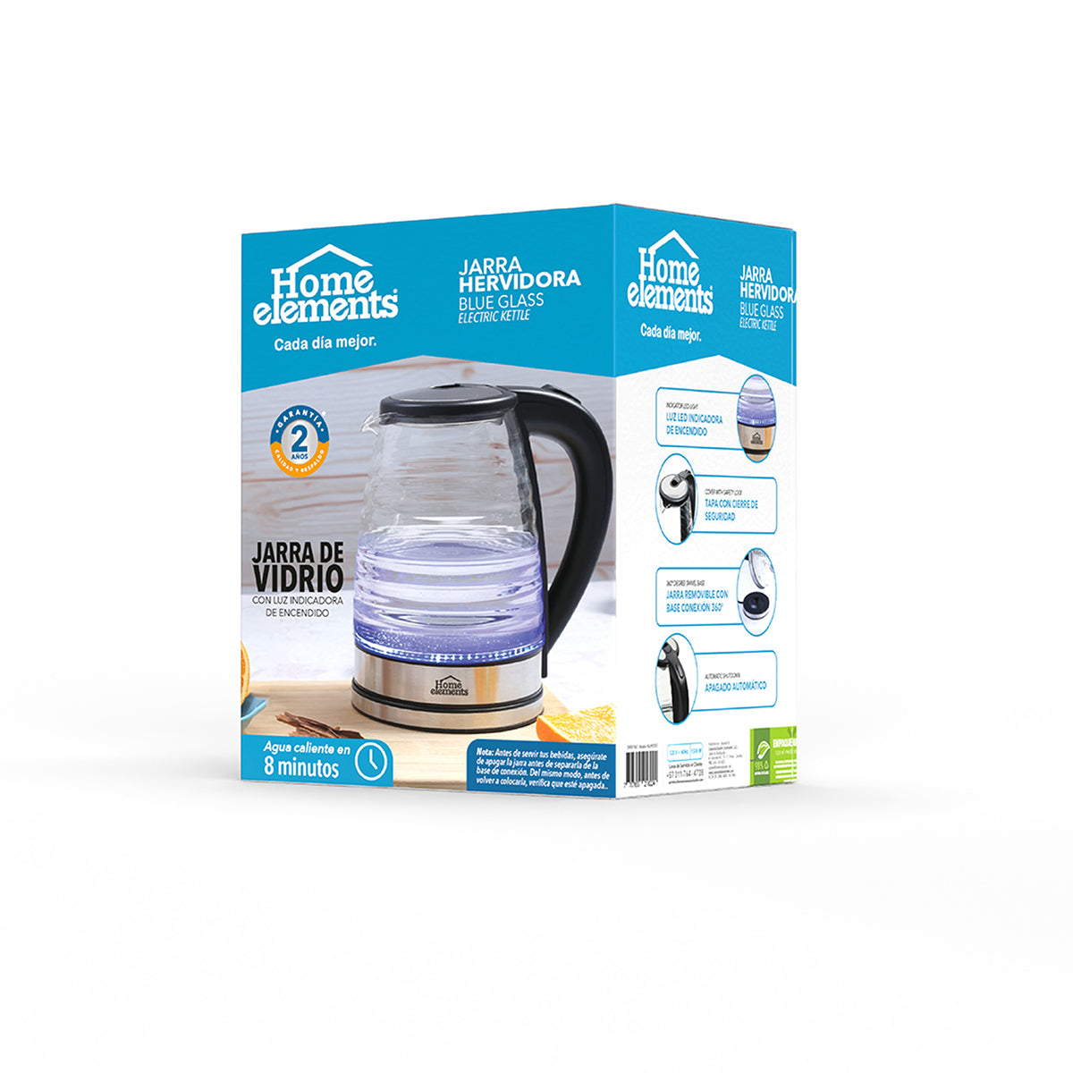 Hervidor Eléctrico de Agua Home Elements Blue Glass Plata 17x24cm de 2 Litros 1500 W con Apagado Automático