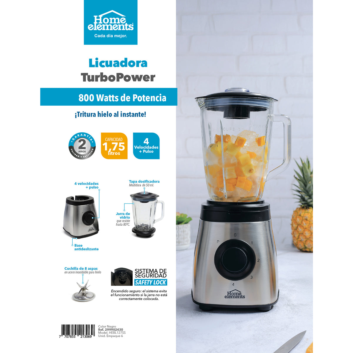 Licuadora Turbo Power Negro Y Plata 17.5x43cm de 1.75 Litros de Seis Aspas y con Cuatro Velocidades