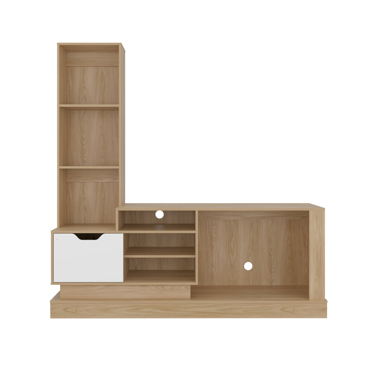 Centro de Entretenimiento Blake Fresno y Blanco 177.7x181.4cm para TV Hasta 55" Pulgadas con Ranura para Cables y con Siete Compartimientos