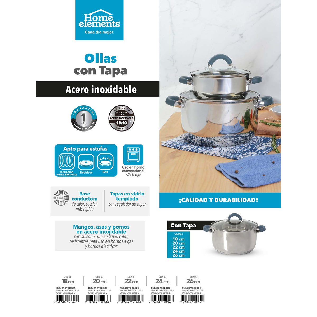 Olla Home Elements plateada en acero inoxidable 7 L con tapa de vidrio antiadherente