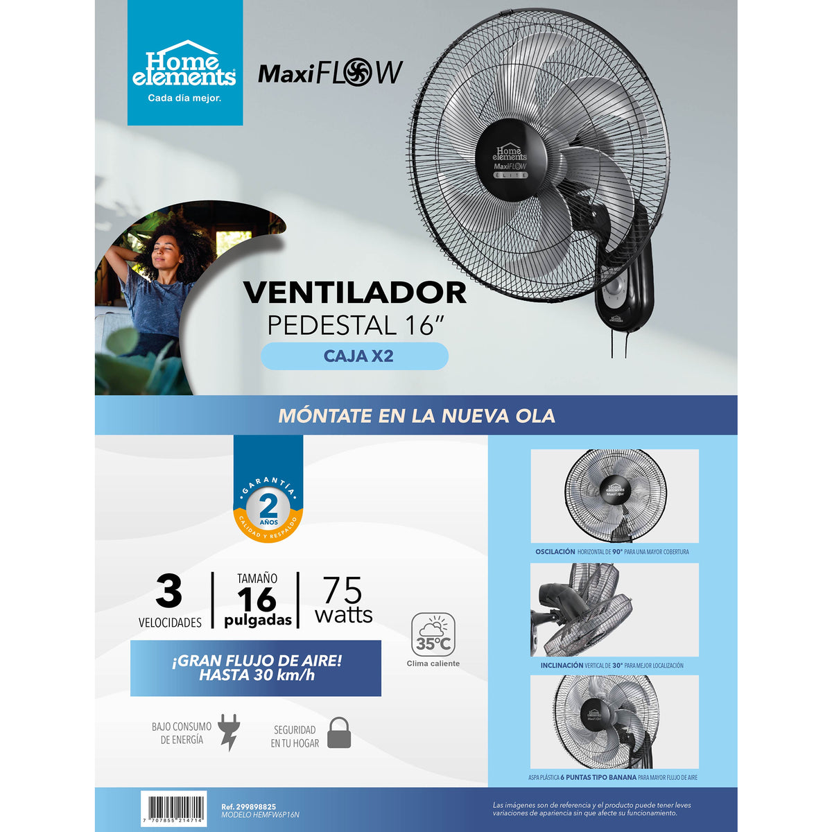 Ventilador de pared negro MaxiFlow 16 pulgadas 75 W con oscilación