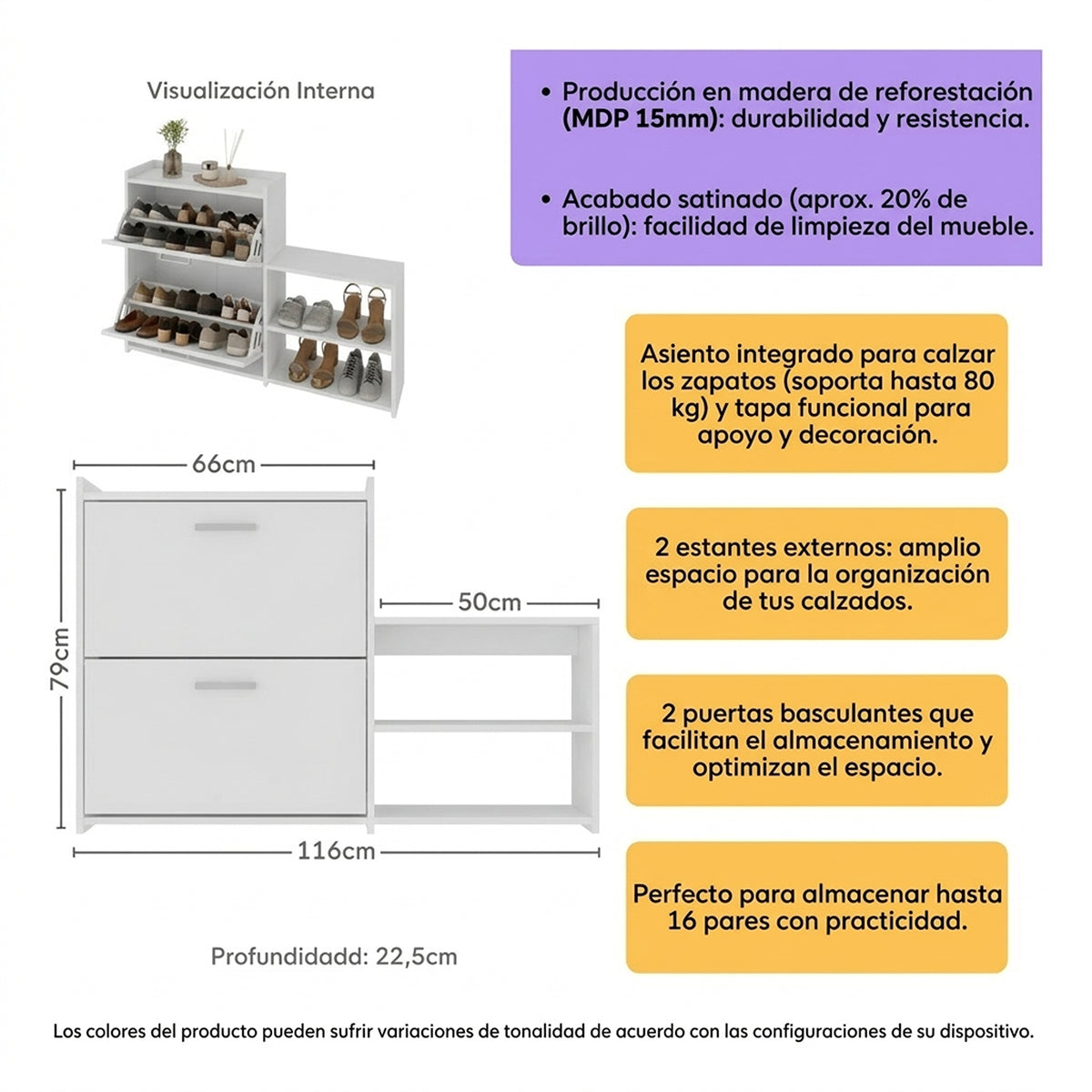 Zapatero vertical blanco para 16 pares en MDP 116x79 cm