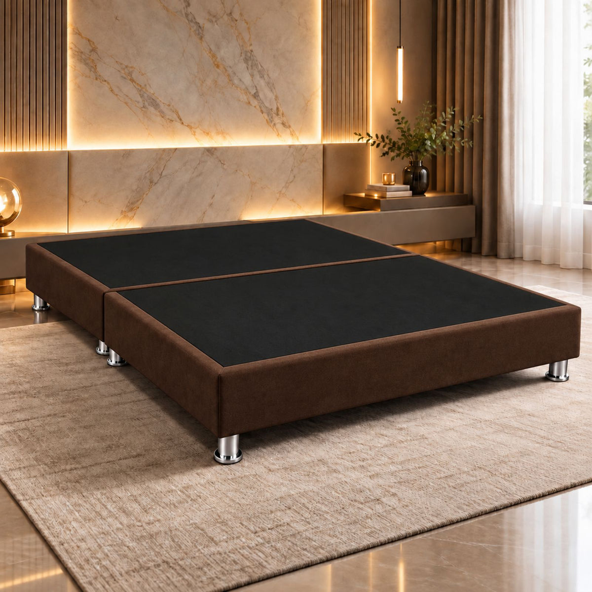 Base Cama Dividida Sommier Microfibra Café 120x190cm para Colchón Semidoble sin Cabecero y con Patas