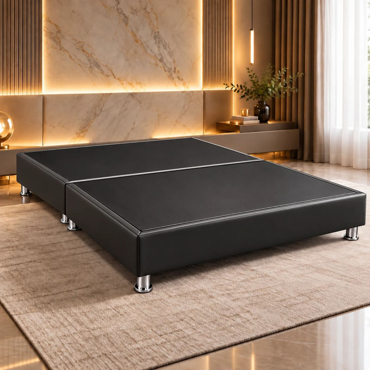 Base Cama Dividida Sommier Ecocuero Negro 120x190cm para Colchón Semidoble sin Cabecero y con Patas