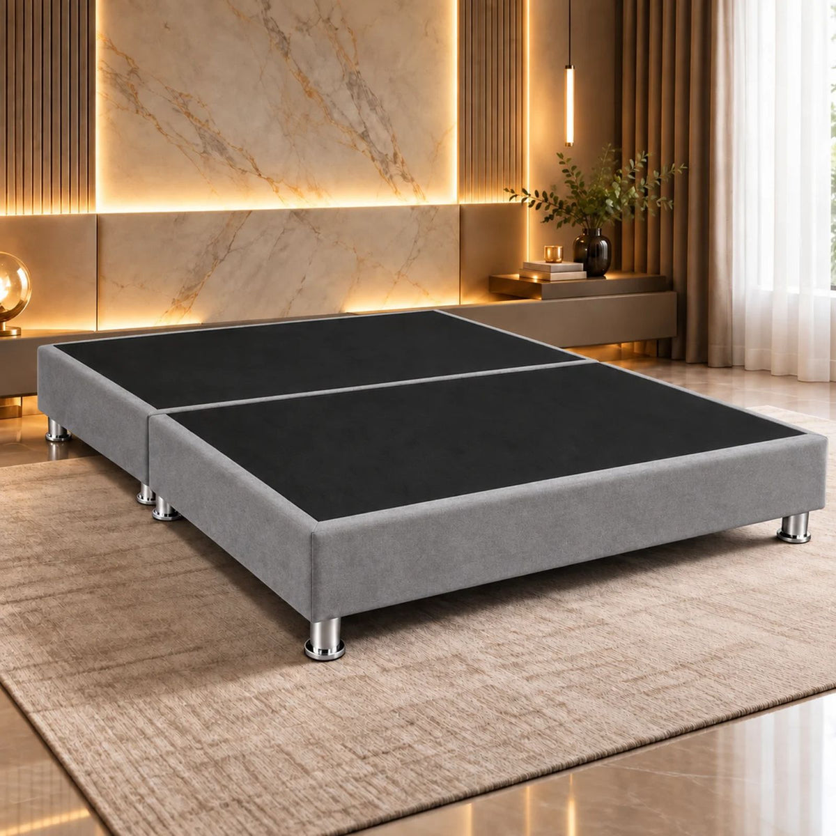 Base Cama Dividida Sommier Microfibra Gris 160x190cm para Colchón Queen sin Cabecero y con Patas