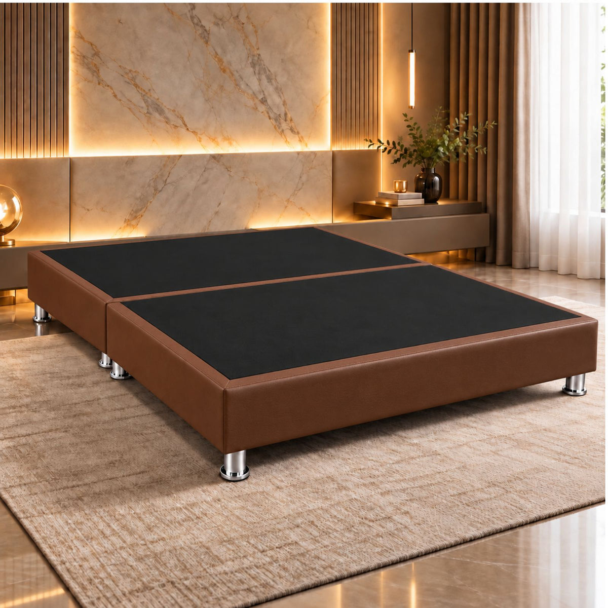 Base Cama Dividida Sommier Ecocuero Café 160x190cm para Colchón Queen sin Cabecero y con Patas