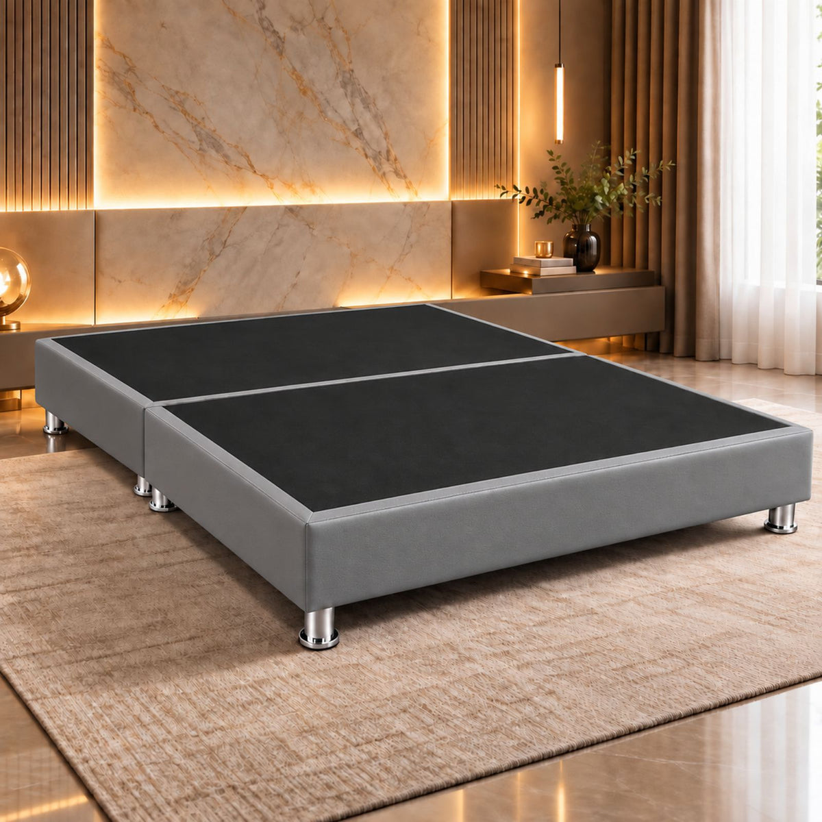 Base Cama Dividida Sommier Ecocuero Gris 200x200cm para Colchón King sin Cabecero y con Patas